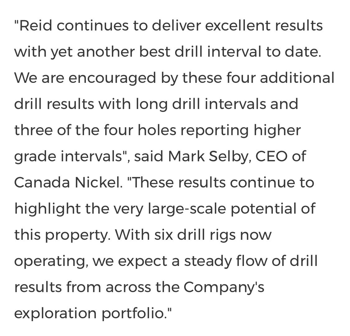 Canada Nickel Continues to Achieve Excellent Drill Results at Reid prnewswire.com/news-releases/… #CanadaNickel #Samsung 8.7% #AngloAmerican 7.6% #AgnicoEagle 11% #NetZeroNickel #Nickel $CNIKF $NOB.V $CNC.V $SHL.V #EV #BatteryMetals #Mining #Glencore #BHP #Vale #Timmins #Canada