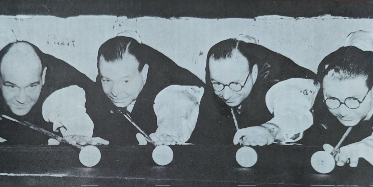 A quartet of world champions in one photograph: Walter Donaldson, Joe & Fred Davis and John Pullman (1954) Enjoy the final day of this year's World Championship, where tonight a new name will be added on the trophy 🎱🏆 #Snooker #worldchampionship #crucible