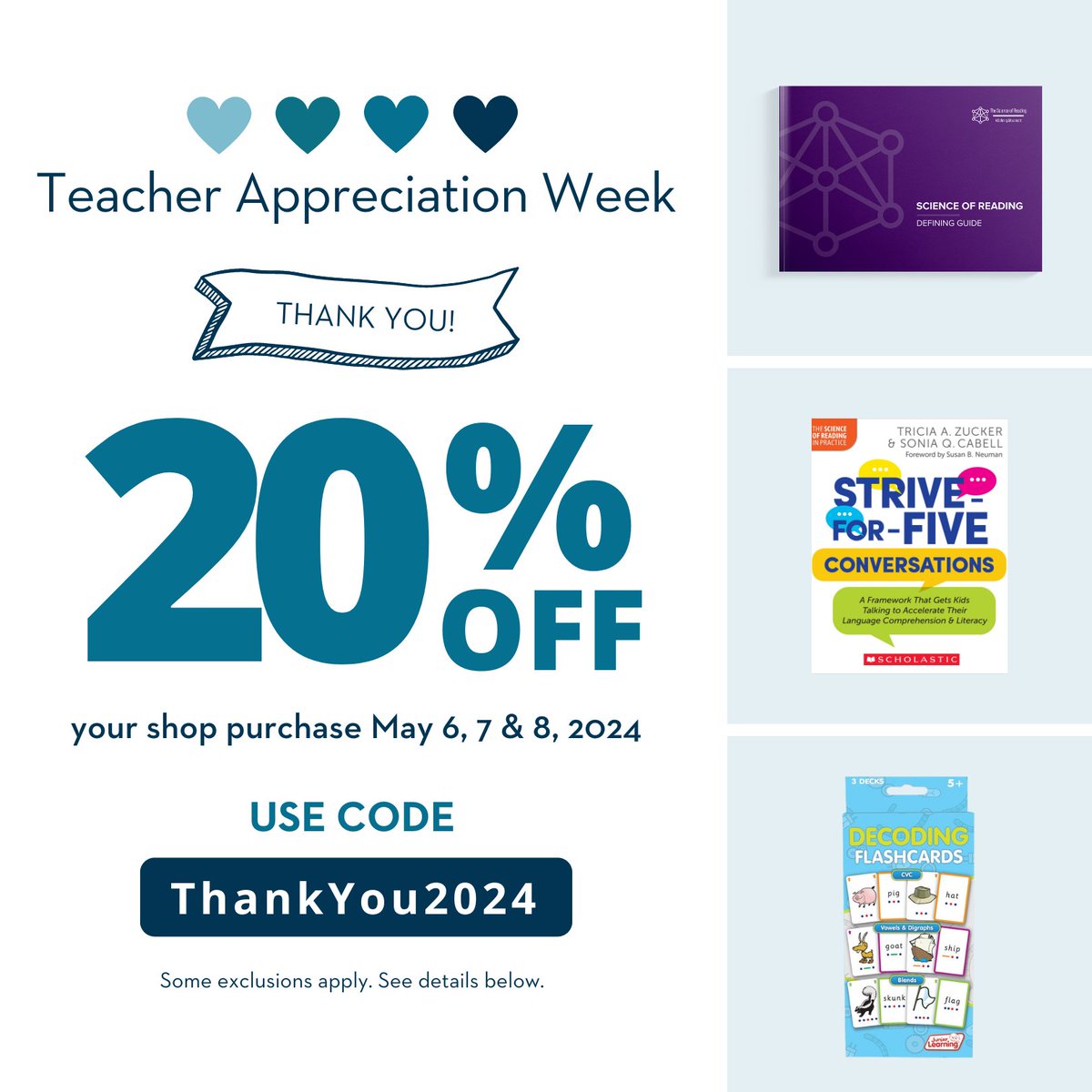 It's #TeacherAppreciationWeek! Thank you to the teachers who make a difference every day. Visit our shop & get 20% off* with the code ThankYou2024 on your purchase May 6-8, 2024. 🔗bit.ly/3ULmmbb *Exclusions apply to gift cards and Little Learners. #ScienceOfReading