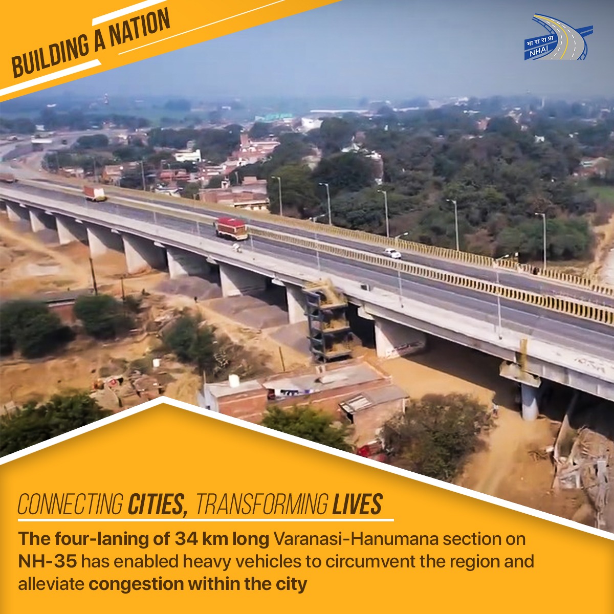 The four-laning of 34 km long #Varanasi-Hanumana section of NH-35 (Pkg-1) has helped to ease the traffic movement for NH users travelling via #Mirzapur. It has also assisted in lowering logistical costs and promoting regional growth. #NHAI #BuildingANation