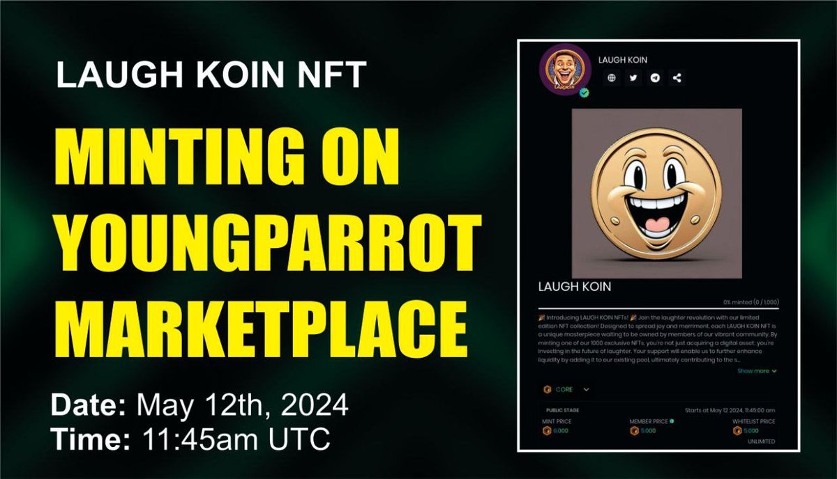 COREGems1's tweet photo. ❗️:@LaughKoin NFT Minting will be on YoungParrot MarketPlace!

Mark your calendars!

📅 Date: May 12th 2024
⌛ Time: 11:45 AM UTC
🔗 Launchpad: https://t.co/7htvfsM62s

🚀 All funds raised will be used to boost liquidity

You'll get $LAUGH by staking NFTs

🌐 Soon on OEX App https://t.co/paJCU2v029