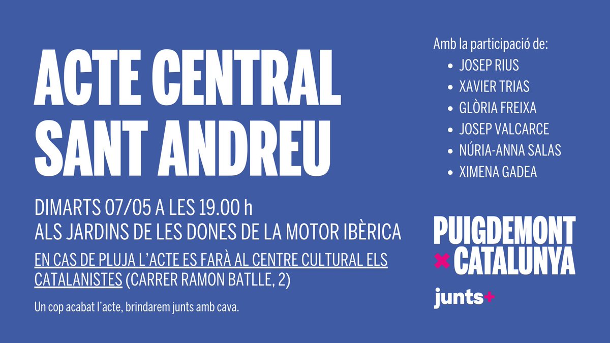 ✨Demà, a les 19 hores, vine a l'acte central de #SantAndreu!

📍 Jardins de les Dones de la Motor Ibèrica.
🗣️ Amb @josep_rius, @xaviertrias, @gloriafreixav, @josepvalcarce, @Nuria_Salas i @menagadea.

#PuigdemontPresident #12M🗳️