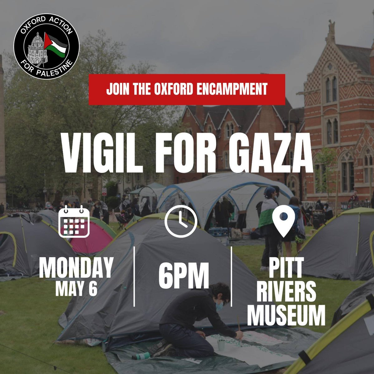 Please join us for our vigil in solidarity with the people of Gaza tonight at 6 P.M. We will be joined by Oxford healthcare workers to demand Palestinian liberation and accountability for israel’s targeted destruction of Gaza’s entire healthcare sector.