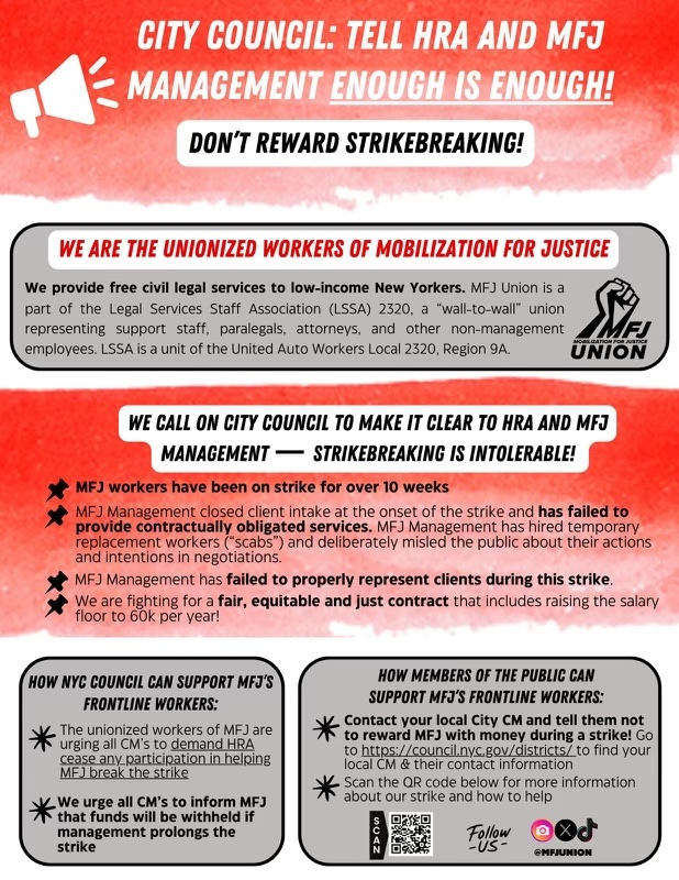 📣📣Today we will be testifying at the <a href="/NYCCouncil/">New York City Council</a> Executive Budget hearings on DSS.

➡️We urge all CM’s to demand HRA cease any participation in helping <a href="/MFJLegal/">Mobilization for Justice</a> break the strike.

➡️We urge all CM’s to inform MFJ that funds will be withheld if management prolongs the strike.
