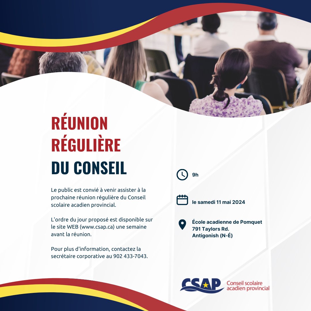 PROCHAINE RÉUNION DU CONSEIL

Le public est convié à venir assister à la 306e réunion régulière du Conseil scolaire acadien provincial.

Quand: 11 mai 2024
Où: École acadienne de Pomquet
Heure: à partir de 9h

Voici le projet d'ordre du jour : csap.ca/images/306_odj…