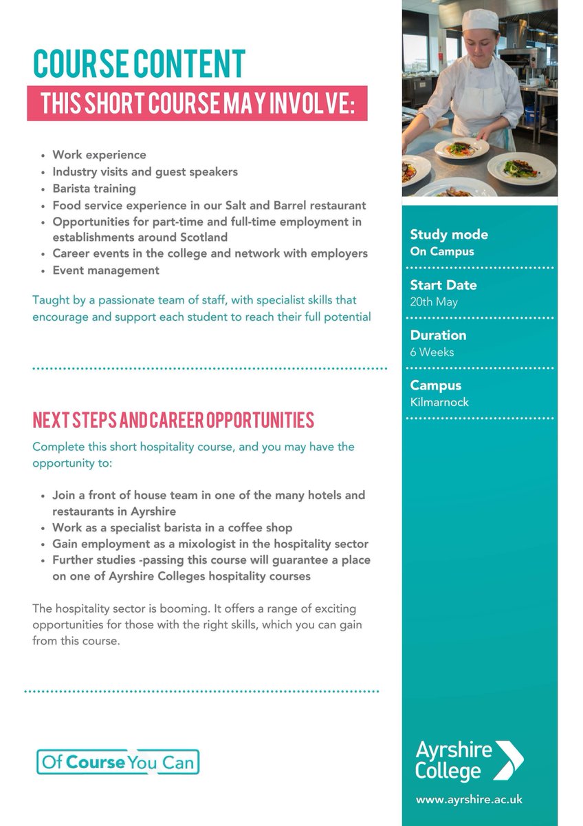 If you are interested in a career in #hospitality, @AyrshireColl have short courses for aspiring chefs, baristas, event planners and mixologists.

The next course starts on 20th May and last 6 weeks.

Learn more with their attached flyers:
