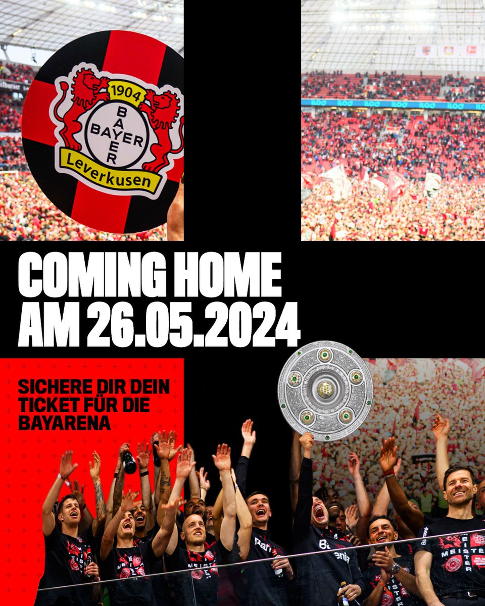 🥳 Am 26.5. wird gefeiert! Mit Korso und Party in der #BayArena. Um 12.30 Uhr geht's los, die Mannschaft wird nach dem Rückflug aus Berlin und dem Eintrag ins goldene Buch der Stadt in die offenen Autos steigen und zur Arena fahren. 🏎️ Weitere Infos zu Ablauf und Tickets: 👉…