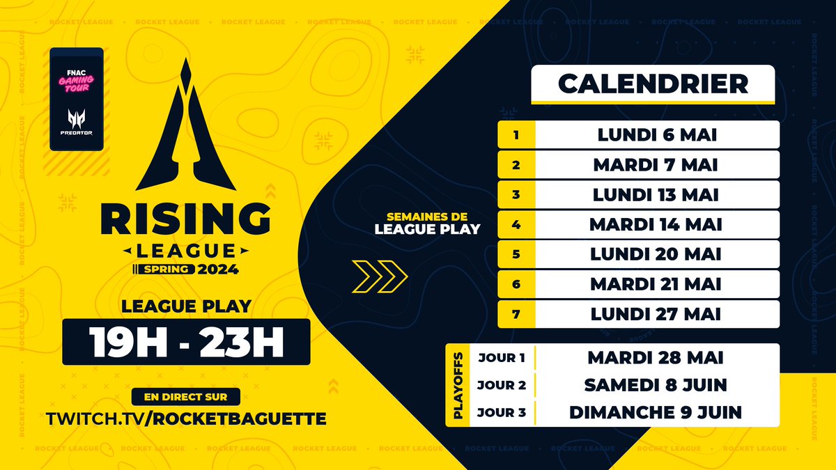 ✨ Bienvenue en #RisingLeague 2024 ! Jusqu'à début Juin, découvrez les joueurs les plus talentueux de la scène francophone. 🏆 League play à 8 équipes & Playoffs en LAN. 📅 Deux streams par semaine.