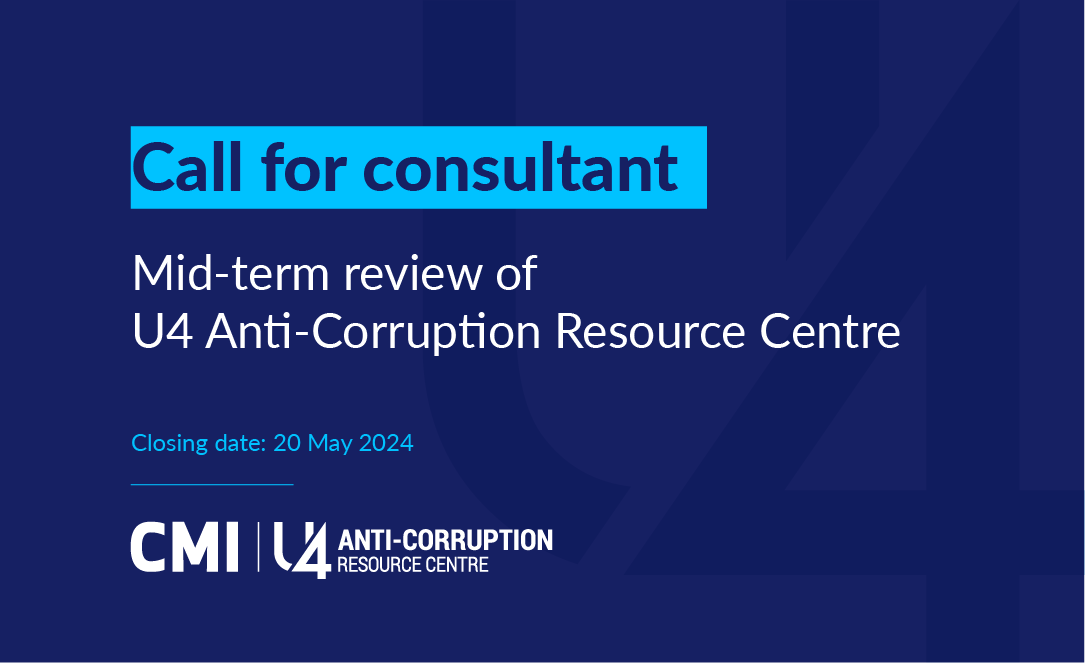 📣 Consultancy opportunity! U4 is seeking a consultancy team to assess our progress towards achieving our 2022-2026 strategic goals. Full terms of reference 👉 u4.no/mid-term-revie… Deadline for applications: 20 May 2024.