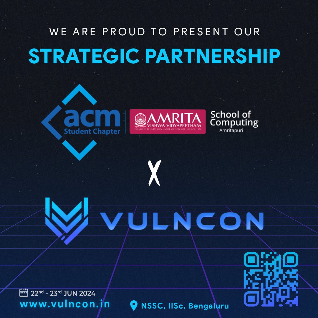 ✨We are excited to announce ACM Student Chapter , Amrita Amritapuri,part of Amrita School of Computing, Amritapuri as our Strategic Partner for #VULNCON 2024! ✨

VULNCON is all packed with exclusive security research, workshops, Chip makeover Village, Panel discussions, CTF