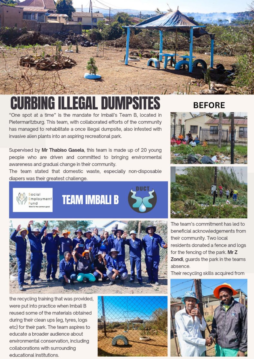 "A big thumbs up to Team Imbali B for the effort and creativity in transforming an Illegal dumpsite into a recreational park —
"One spot at a time" is the mandate. — Great work guys 📷📷📷"
#TeamThabiso
#sef #ductrivers #healthyrives #communitylove #cleanroads