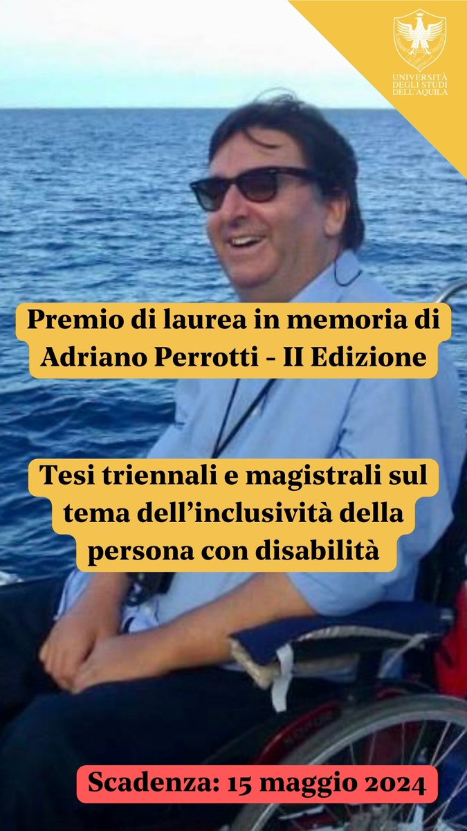 Ancora pochi giorni per partecipare al Premio di #Laurea 'Adriano Perrotti' sul tema dell'#inclusività. Leggi il #bando univaq.it/section.php?id… #univaq