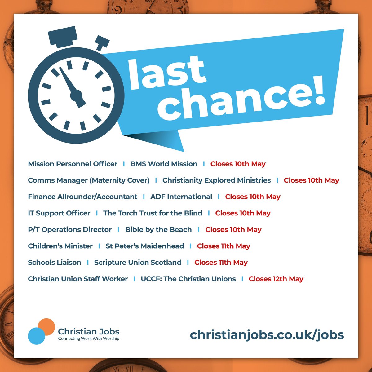 🕐 LAST CHANCE! 🕐 If you're interested in applying for any of the jobs we have on our site, now's the time to do it as there are plenty of them ending this week! Find your next opportunity at christianjobs.co.uk/jobs #UKChristianJobs #NewJob #JobSearch #ChristianJobs #Jobs