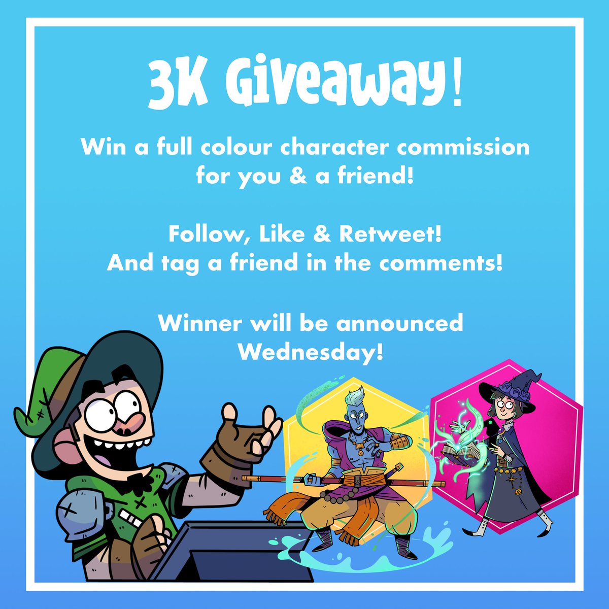 3K follower giveaway! Win a full colour character commission for you & a friend! Just Follow, Like & retweet this tweet and tag a friend in the comments! Winner will be announced Wednesday!