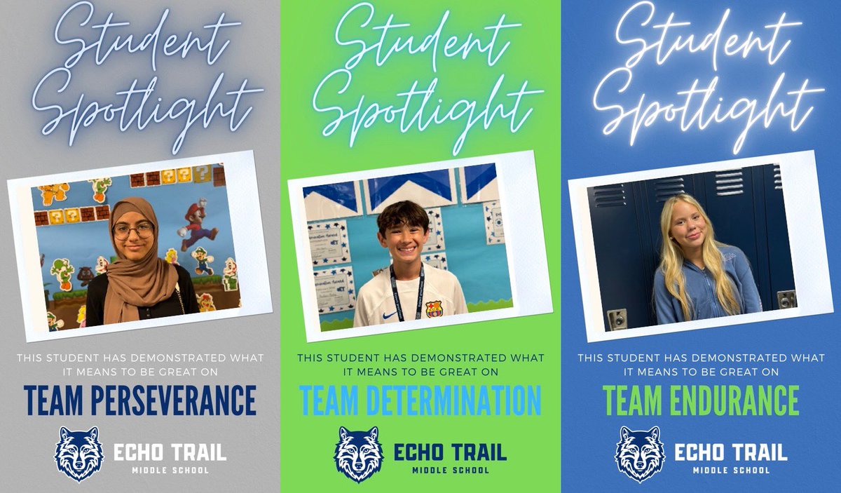Our newest “Students of the Week”. Each student has demonstrated what it means to be G.R.E.A.T at Echo Trail. Perseverance-Malak E. Determination-Hudson F. Endurance-Hadley H. #ExpectgreaTness