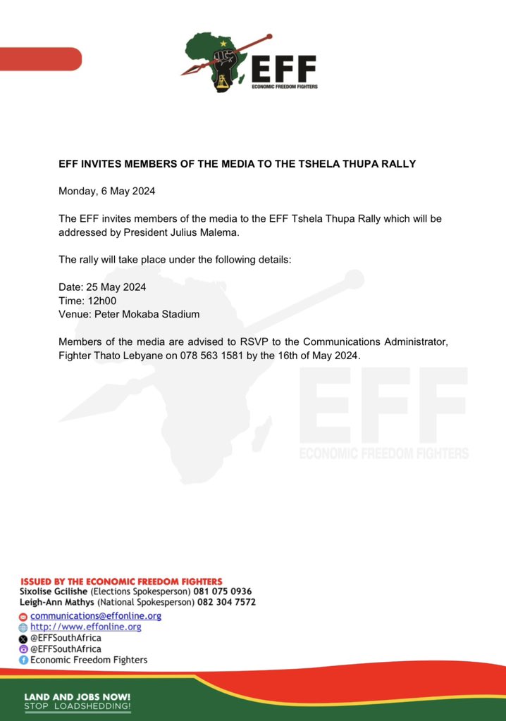EFF Invites Members Of The Media To The Tshela Thupa Rally