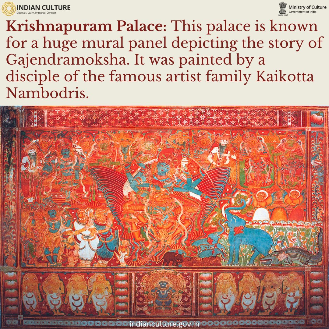 The Kerala mural paintings generally portray life size characters and they depict scenes from epics and puranas, particularly the Ramayana and the Mahabharatha. Delve deeper on the Indian Culture Portal at indianculture.gov.in/paintings/othe… #keralamurals #wallpaintings #MattancherryPalace