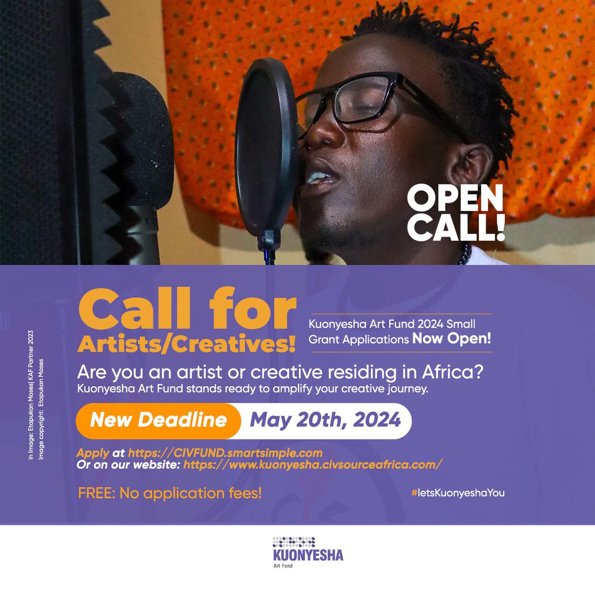 #MondayOpportunities  

🆕Open Call!🆕  

Calling All African Artists/Creatives!
Kuonyesha Art Fund 2024 Small Grant Applications are Now Open!

🗓Deadline: May 20th, 2024.
🆓: No application fees!

©️📸Image copyright: Etapukan Moses

 #ArtsFunding

1/2