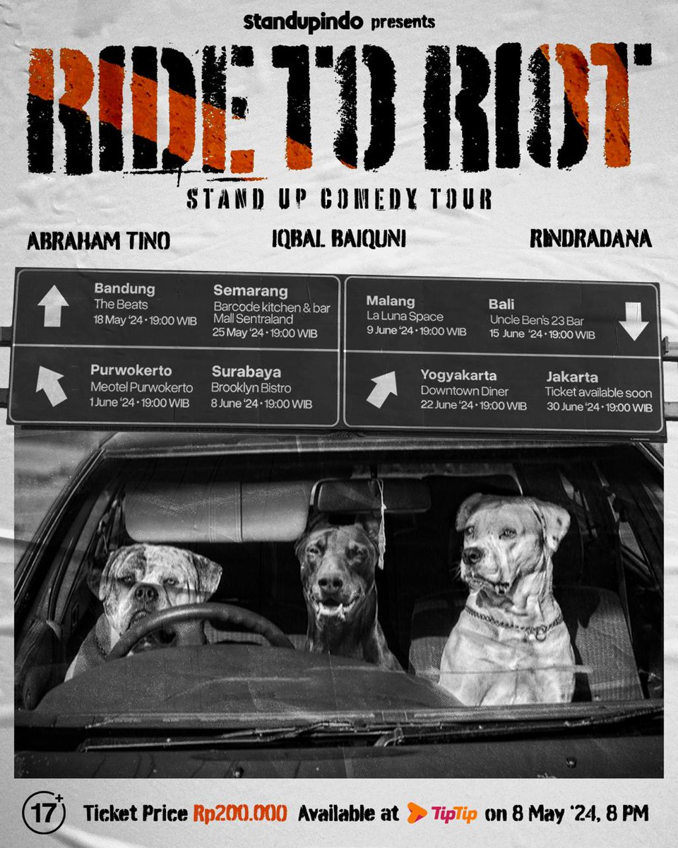 Pembelian tiket selain Jakarta dimulai tanggal 8 Mei, jam 8 malam melalui <a href="/tiptip_id/">Platform entertainment untuk fasilitasi eventmu!</a> search standupindo.

Untuk 17 tahun ke atas.

Sampai jumpa!