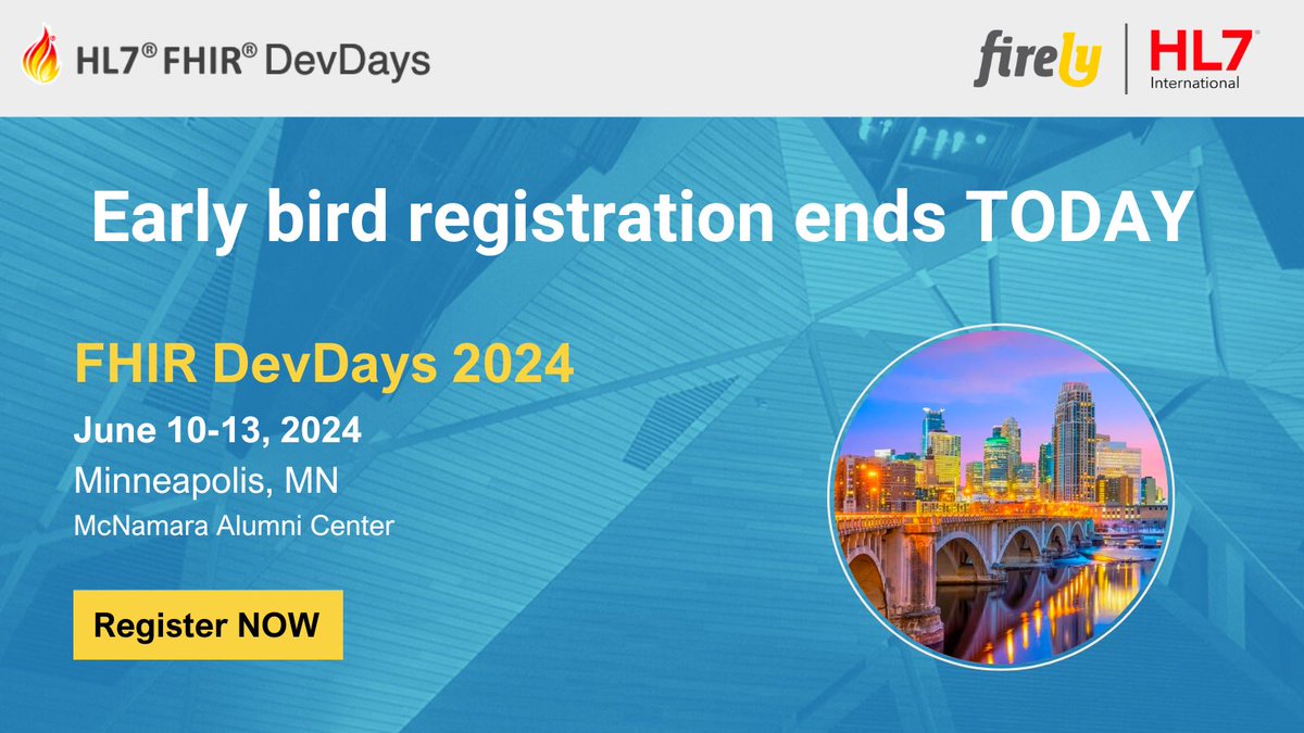 📣 #FHIRDevDays Early Bird special ends TODAY 🏃 Join us for 4 days of insightful talks, fun meetups & hands-on sessions led by #FHIR experts. Don't miss your chance to secure our heavily discounted early bird price 🎟️ Register now 👉 eu1.hubs.ly/H08Xw3w0 @HL7