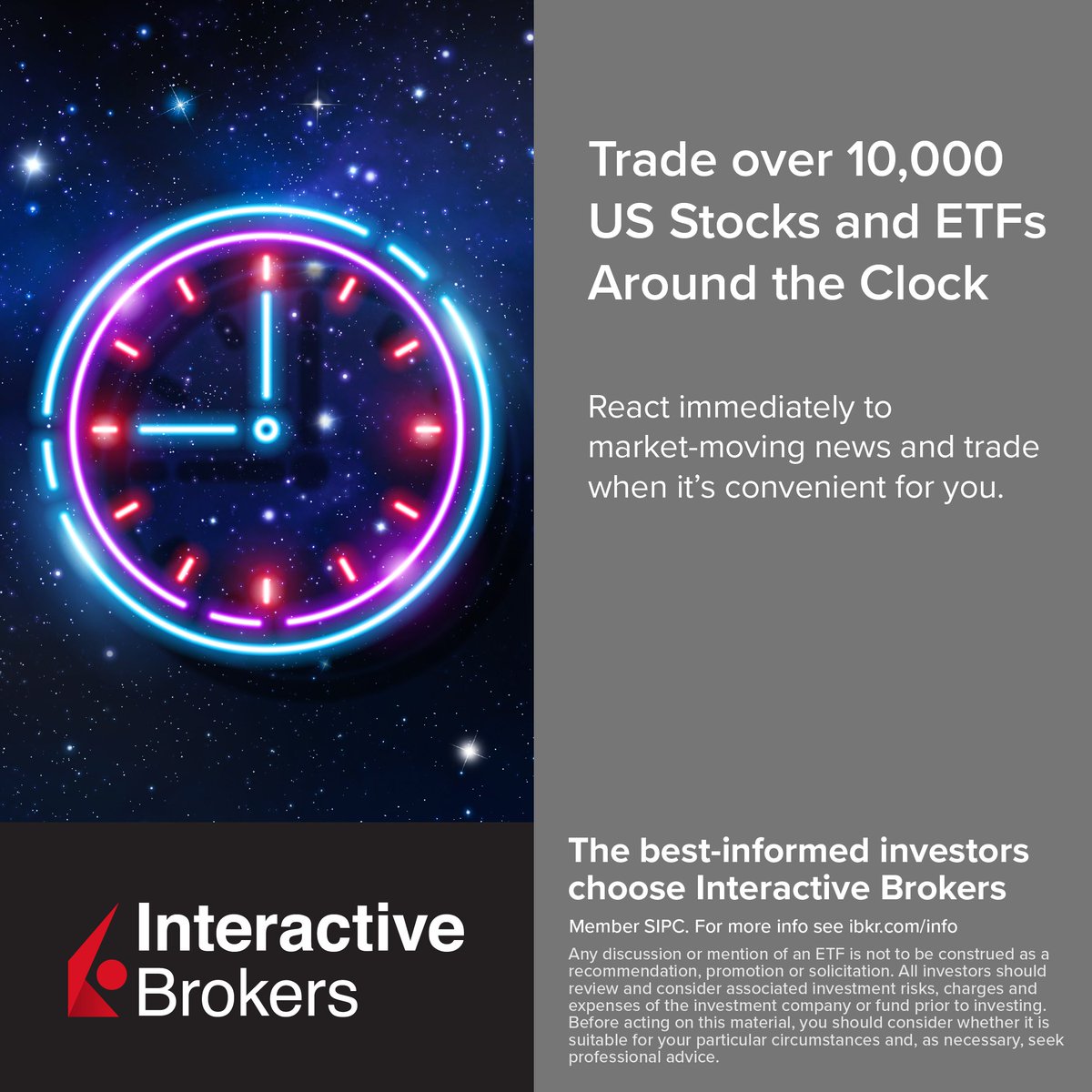 Trade around the clock. We've expanded Overnight Trading to include over 10,000 US Stocks and ETFs. Trade when it's convenient for you: spr.ly/nightt #IBKR #OvernightTrading #ETFs