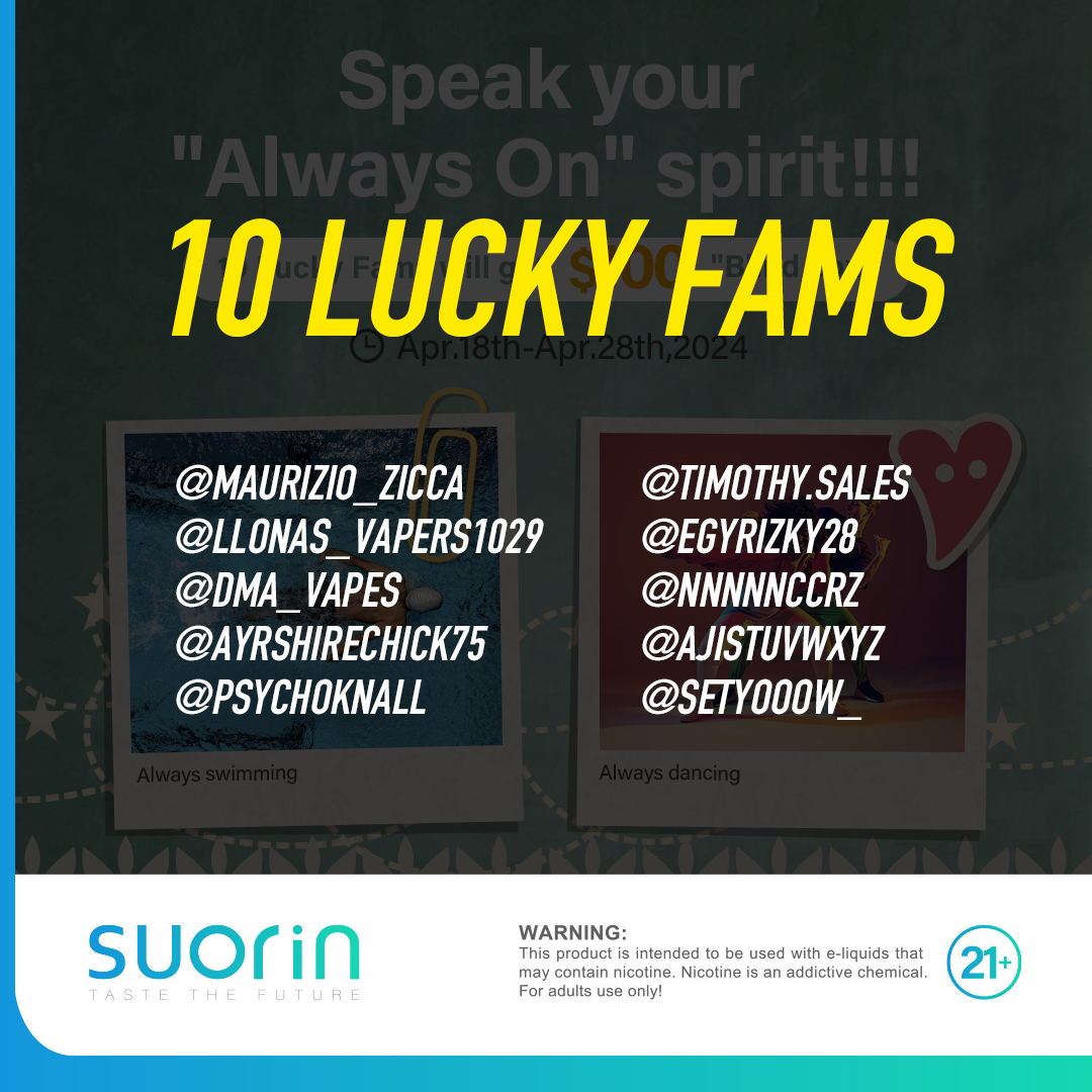 We are so excited to announce the lucky guys.🥳🥳🥳⁣⁣
Pls, DM your information within 48 hours to claim your Gift🎈⁣⁣

Warnings: This product is only for adults.

#suorin #suorinfero #alwayson #vaping #vapefams #vapeit #vapecommunity