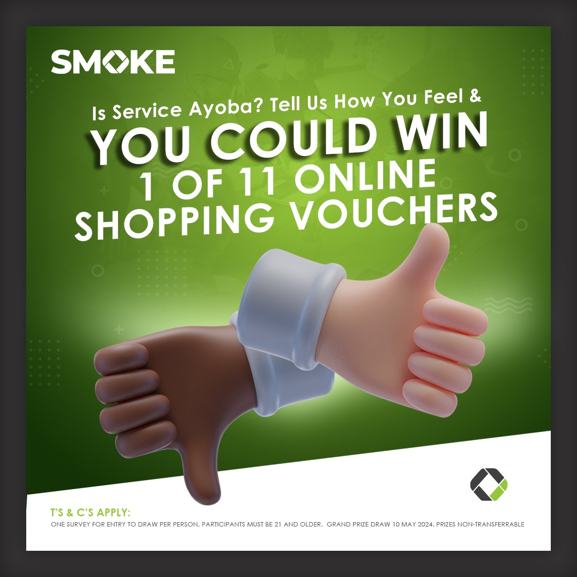 There are 2 weeks left for you to share your feelings on service in South Africa! Complete the survey now: bit.ly/3VMvP2L
T’s & C’s online. 
#Sharethefeeling #SmokeCI #PeopleMatter