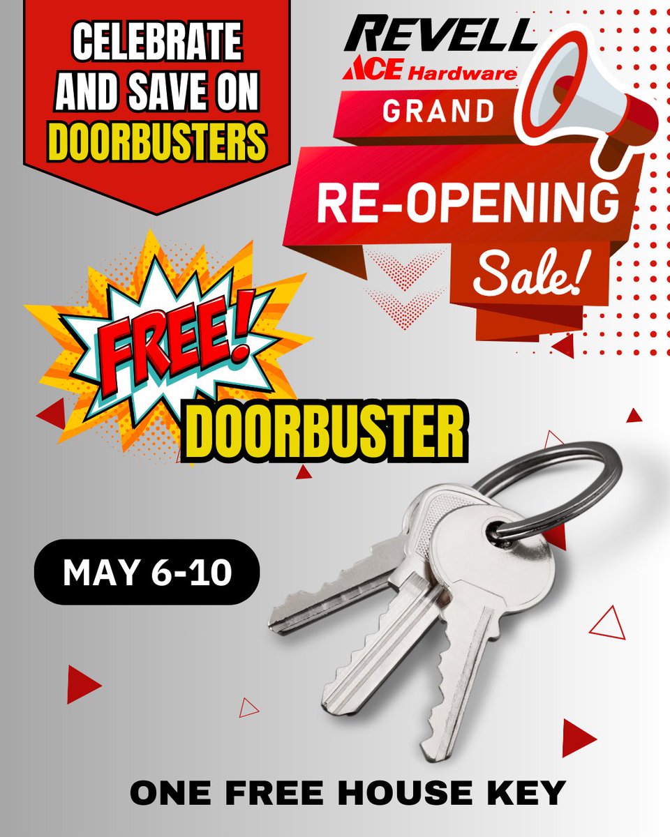 Come get a free house key cut this week! (limit 1 per customer) All month long we are celebrating with doorbusters, giveaways and more! Be sure to enter the drawings for weekly door prizes and a grand prize to be given away at the end. #DoorBuster #Huge #Savings