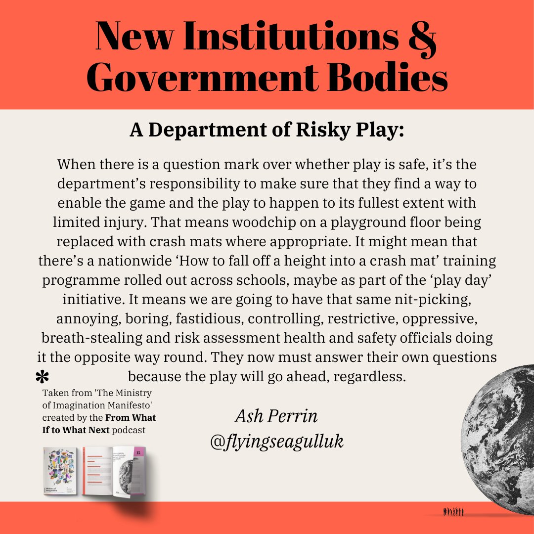 Today's policy from the Ministry of Imagination Manifesto comes from the wonderful Ash Perrin of @FlyingSeagullUK, his proposal for a Department of Risky Play. Yes please. You can download the Manifesto in its entirety at robhopkins.net/2024/04/15/min….