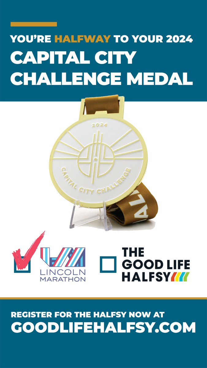 IT'S BACK IN 2024!
Congratulations to all who completed the Lincoln Marathon or Half-Marathon! You're halfway to earning your 2024 Capital City Challenge Medal!

Register for the Good Life Halfsy today as the price jumps after this Friday! 
buff.ly/3Qr4lMM