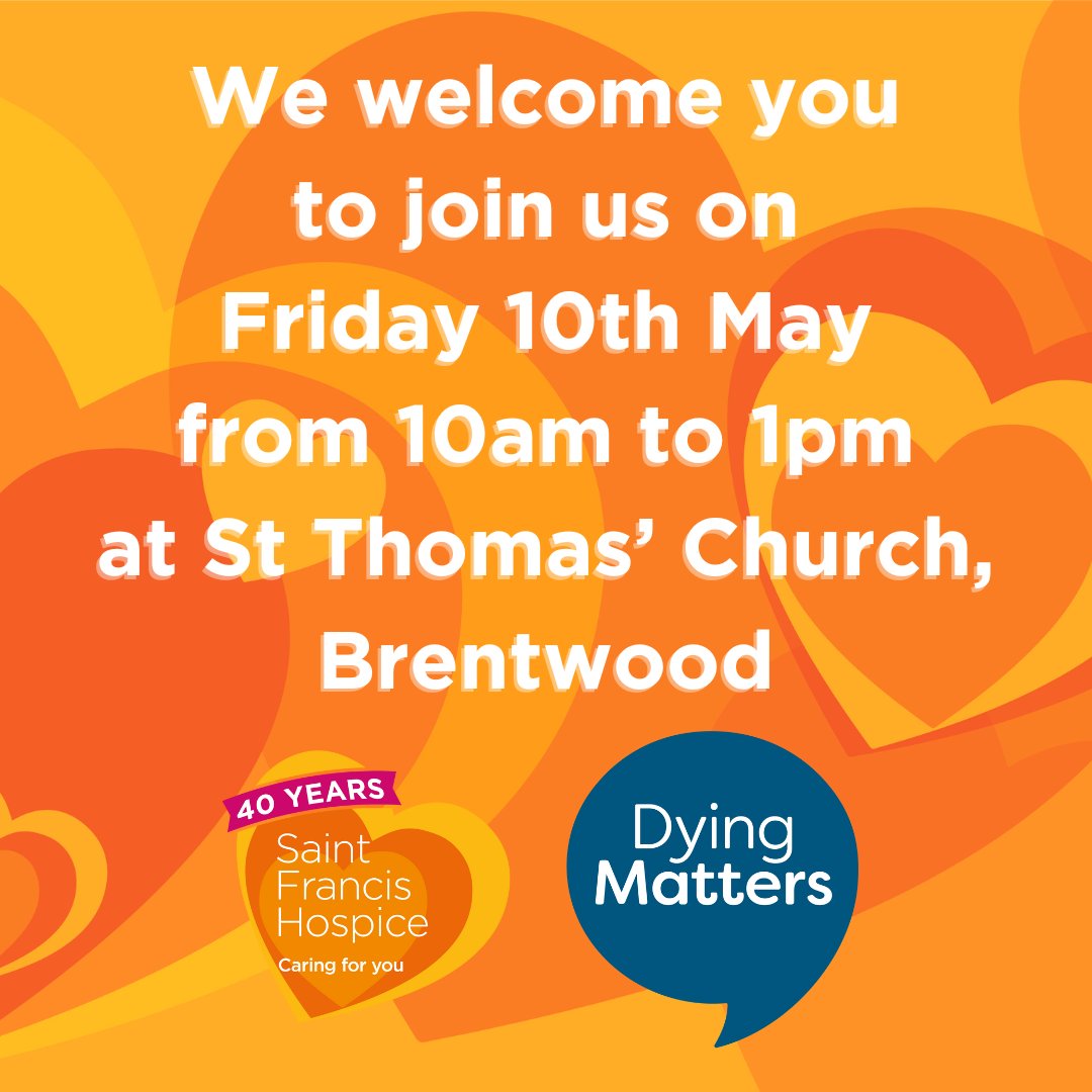 As part of #DyingMattersWeek, Brentwood's St Thomas' Church is hosting an event Friday.

You will be able to speak to the hospice, Home Instead, Bennetts Funeral Directors and <a href="/PinneyTalfourd/">Pinney Talfourd Solicitors</a>
With free refreshments from Merrymeade Tea Rooms.

#TheWayWeTalkAboutDyingMatters