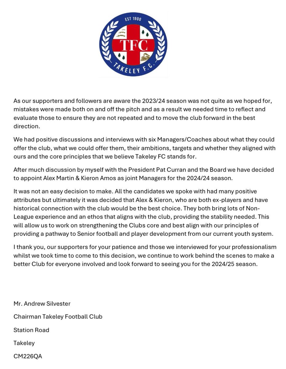 Please read the following statement from Andrew Silvester Chairman Takeley FC