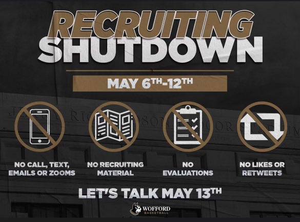 Women’s Basketball Recruiting Shutdown Period: May 6th - 12th ❌ Contacts 🤝 ❌ Evaluations 📝 ❌ Official/Unofficial Visits 🏫 ❌ Correspondence ✉️ ❌ Making or Receiving Calls📱 ❌ Zoom Calls 💻