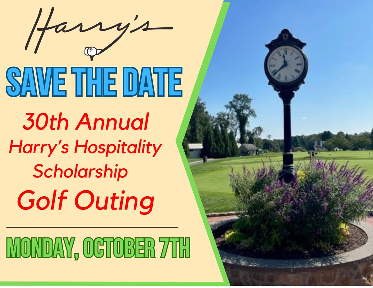 Save the Date!!! Harry's Hospitality Scholarship 30th Annual Golf Outing will be held on October 7th at Penn Oaks Golf Club! Reception at Harry's Savoy Ballroom afterwards! Registration opens Tuesday, June 11th. #harryshospitalityscholarship #golfouting #30thanniversary