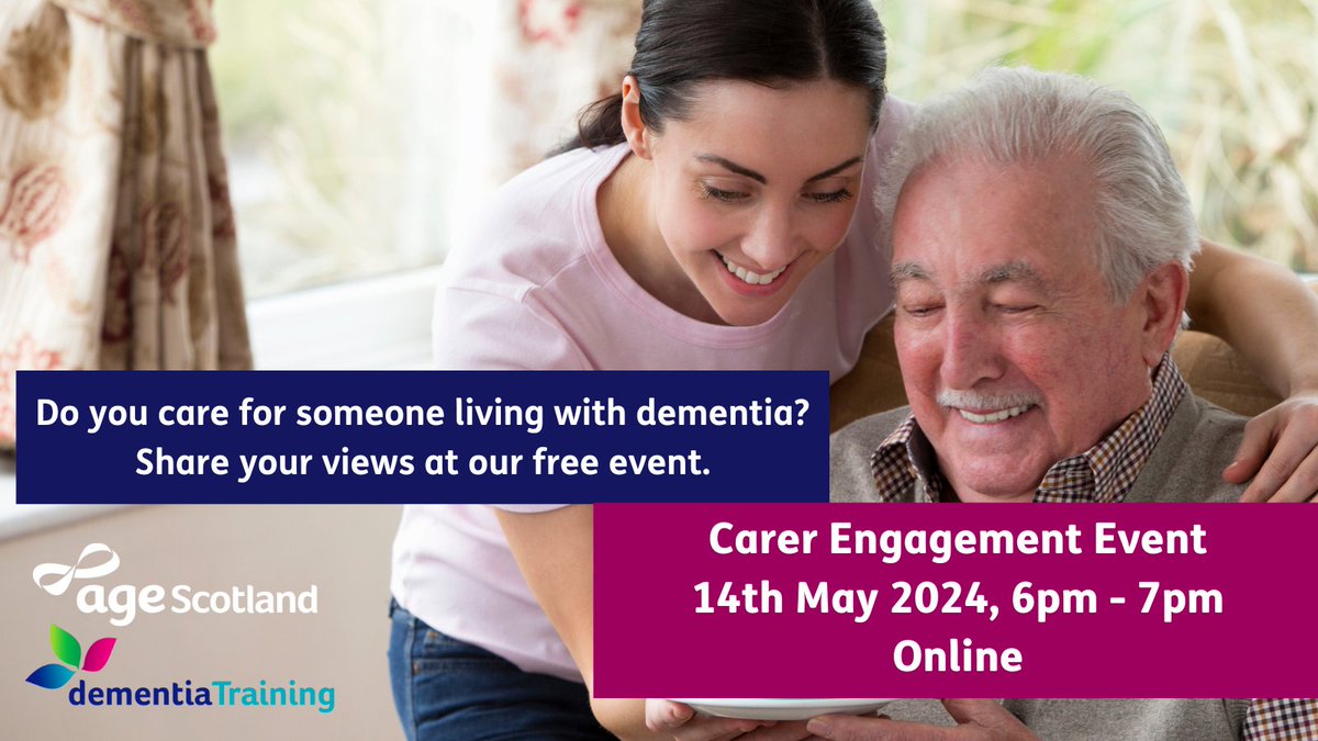 The Dementia Training team at @agescotland is hosting an online event on Tuesday 14 May from 6pm – 7pm and are keen to hear from carers of people living with dementia. For more information and to sign up please visit: ow.ly/85HP50RuBFx