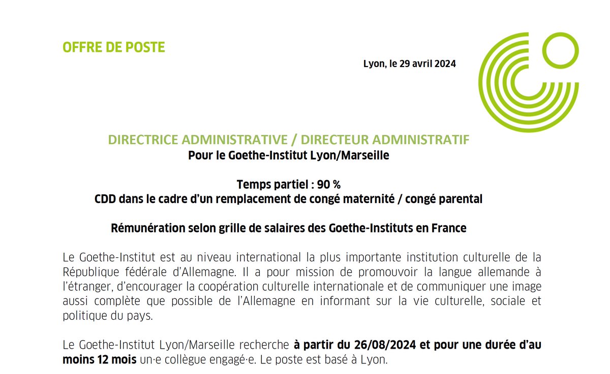 [OFFRE D’#EMPLOI 🇫🇷🇩🇪]

Le <a href="/GoetheInstitut/">goetheinstitut</a> recrute !

▪️ Directrice administrative / Directeur administratif
▪️ CDD : au moins 12 mois
▪️ temps partiel : 90 %
▪️ à partir du 26/08/2024
▪️ poste basé à #Lyon 

👉 t1p.de/dr6hu