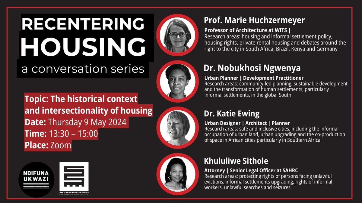 ICYMI | Recentering housing webinar ACC and @NdifunaUkwazi will host a webinar series aimed at recentering the conversation on housing. The 1st webinar will focus on the historical context and intersectionalities of housing in SA. 09 May | 13H30| Register on Zoom: