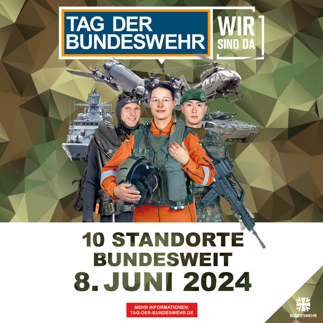 #Savethedate: In einem Monat ist es wieder soweit: Am 8. Juni öffnen zehn Standorte deutschlandweit ihre Kasernentore zum #TagderBundeswehr2024. ➡️bundeswehr.de/de/organisatio…