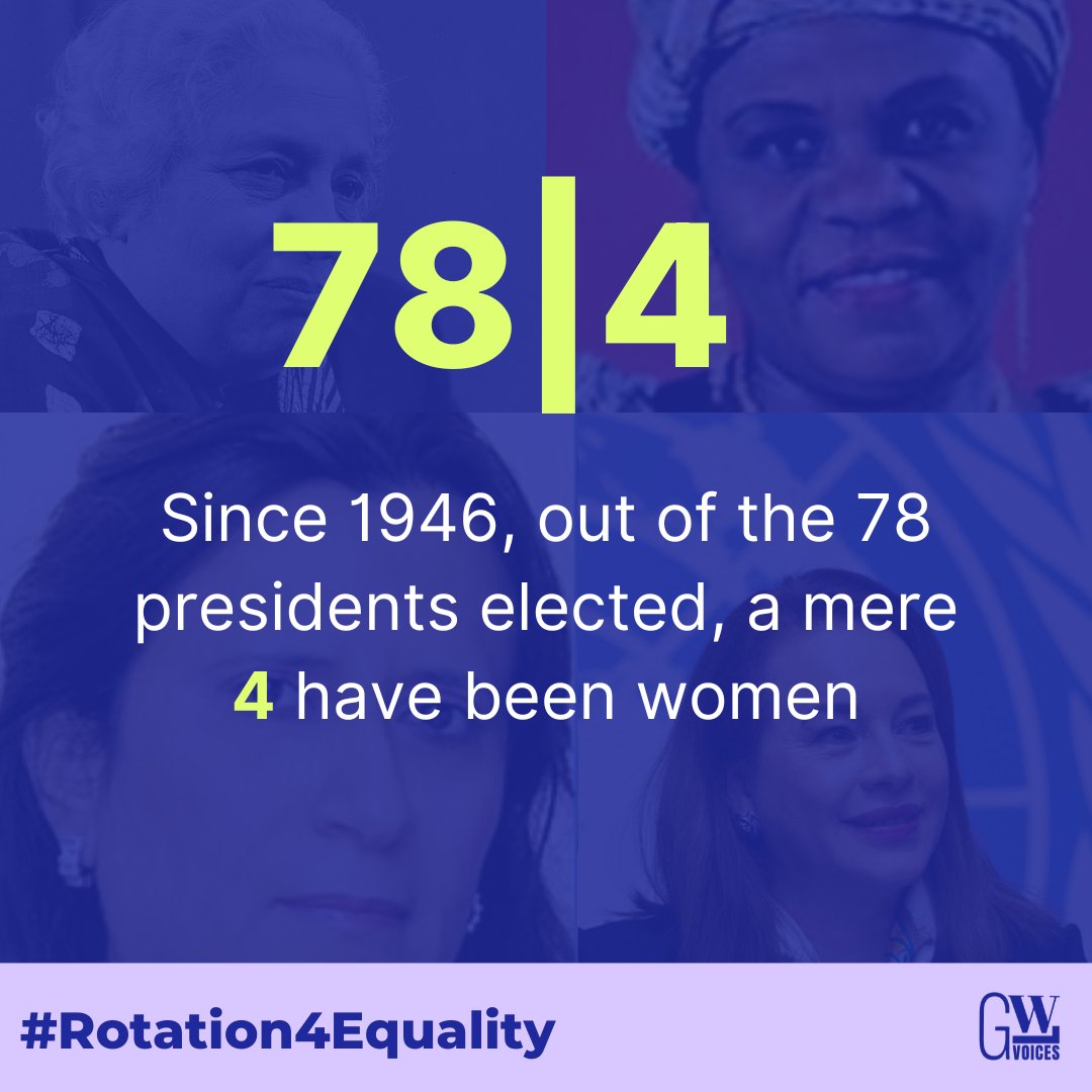 Only four women have been president of the @UN General Assembly in its 78 years of history. We need #genderequality in multilateralism. Find out more on #Rotation4Equality and explore our #WomenInMultilateralism report here: gwlvoices.com/women-in-multi…