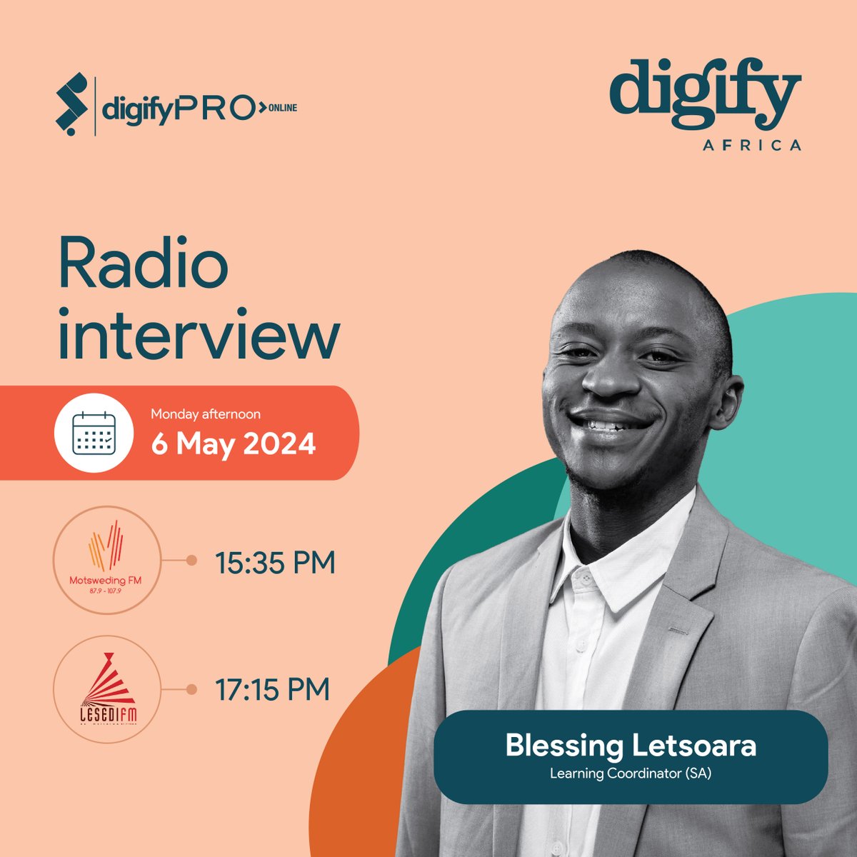 DigifyAfrica's tweet image. Our learning coordinator, Blessing Letsoara, will be on air this afternoon, sharing all the exciting details about our Digify Pro Online program, designed to train young, unemployed youth with digital marketing skills for free! 🌟👩‍💻📲

 #DigifyPro  #MotswedingFM #LesediFM