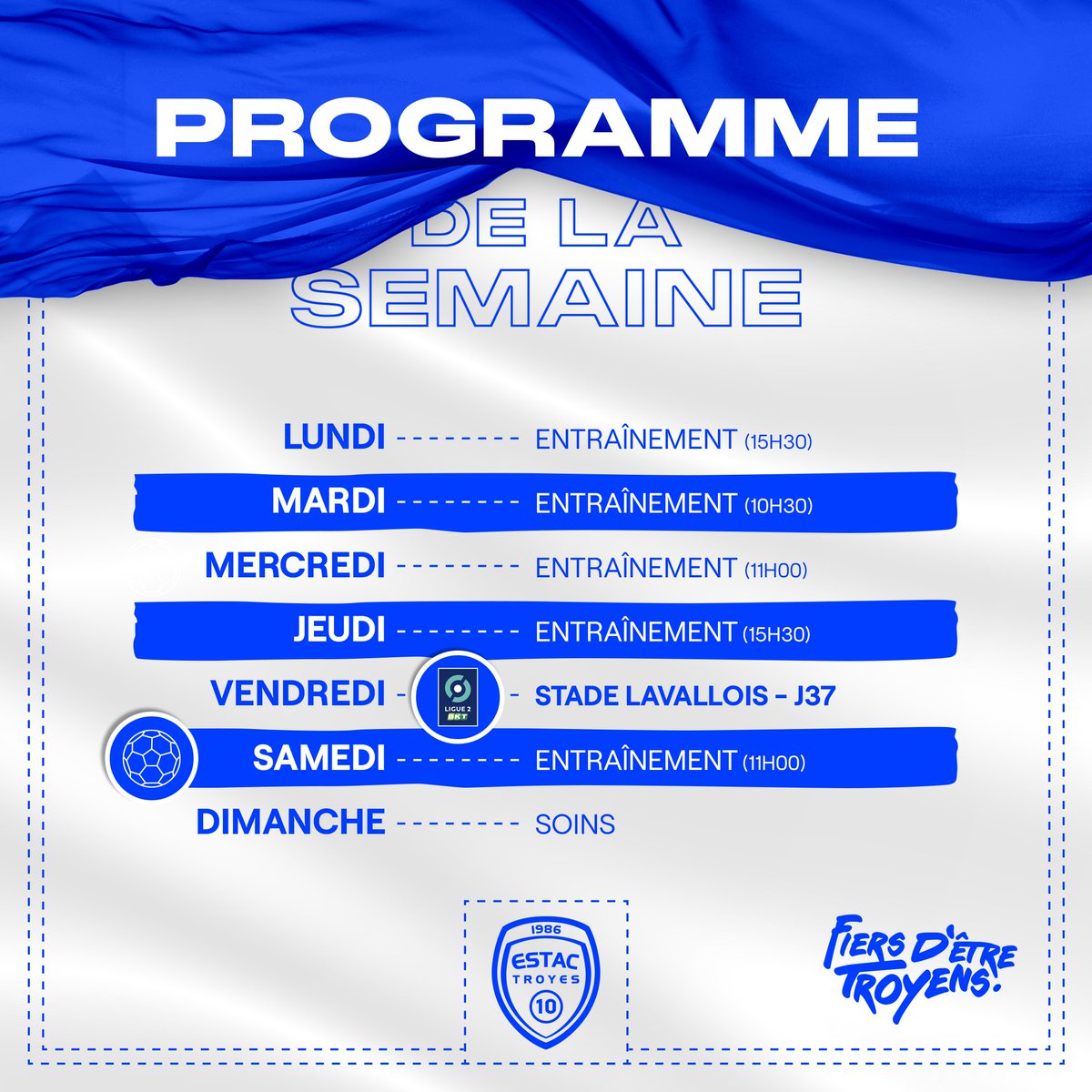 🗓 Voici le programme de la semaine de nos Troyens. 🚧 #TeamESTAC 🔵⚪️