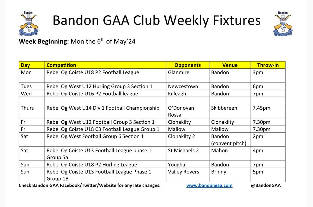 Underage Fixtures for this week. Best of luck to everyone involved-busy week ahead!!
