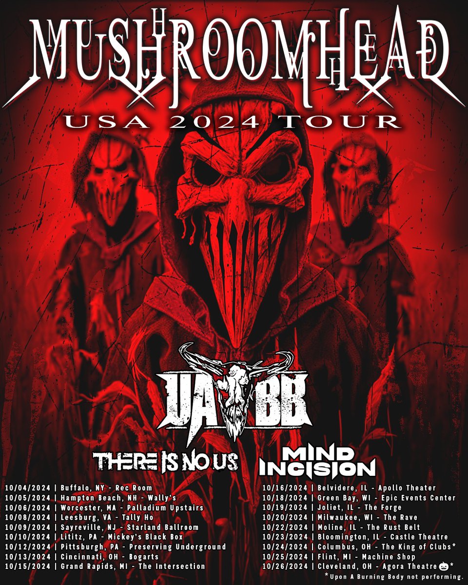 .@mushroomhead announce US Tour! 🔥 'Filthy Hands Family, we are pleased to announce our 2024 US Tour with our friends in Upon A Burning Body, There Is No Us and Mind Incision. See you all very soon! 🤘'