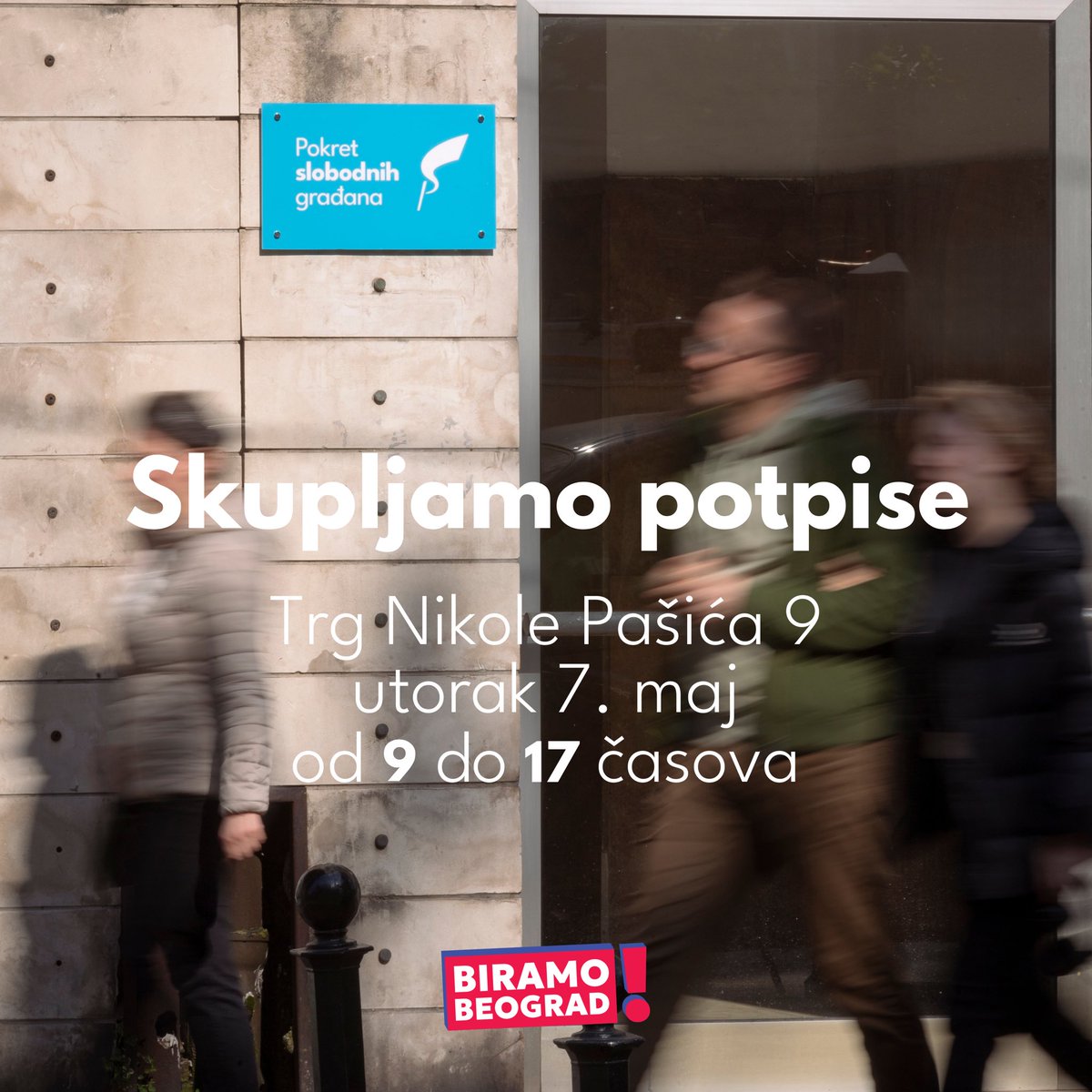 Svojim potpisom omogućavate našoj listi BIRAMO BEOGRAD! da učestvuje na izborima. Pozivamo vas da to uradite sutra od 9 do 17 časova na Trgu Nikole Pašića 9!