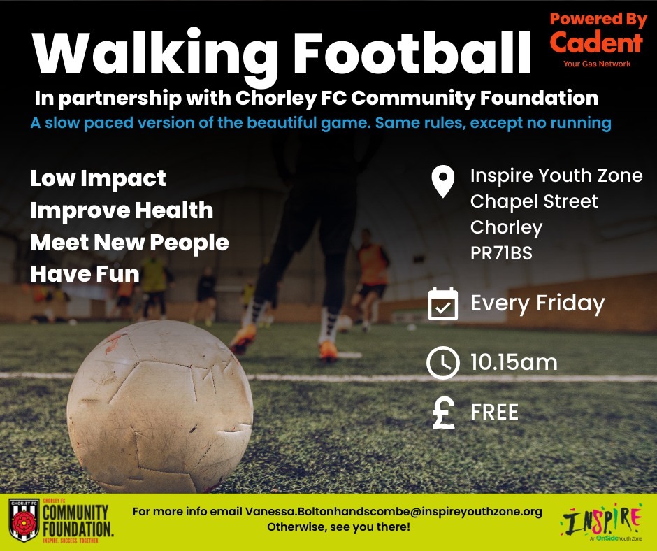 Tomorrow morning we have one of our weekly walking football session that takes place at @inspireyz in partnership with the @ChorleyFCCF! Entry is FREE with a cup of tea and soup included - we'll see you there at 10:15am 🙌🏻