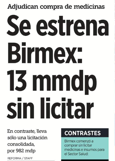 acastilloDC's tweet photo. Birmex se estrenó como la gran compradora de medicamentos con base en adjudicaciones directas, por 13 mil millones de pesos.

@Reforma https://t.co/vLMkaF0pm5