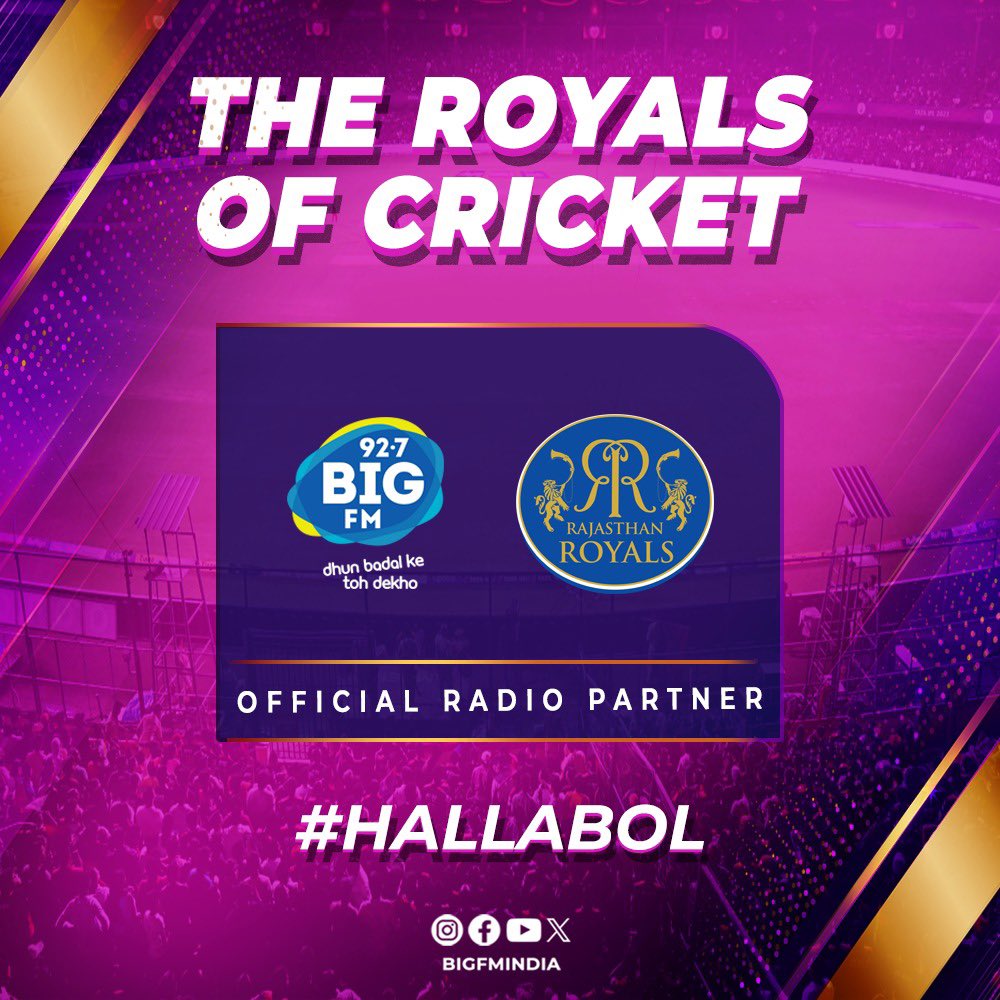 Halla Bol with Rajasthan Royals! 🏏 Excited to announce BIG FM as the radio partner ! Stay tuned for all the electrifying updates, exclusive interviews, and much more 🎉 #HallaBol #RajasthanRoyals #BIGFM