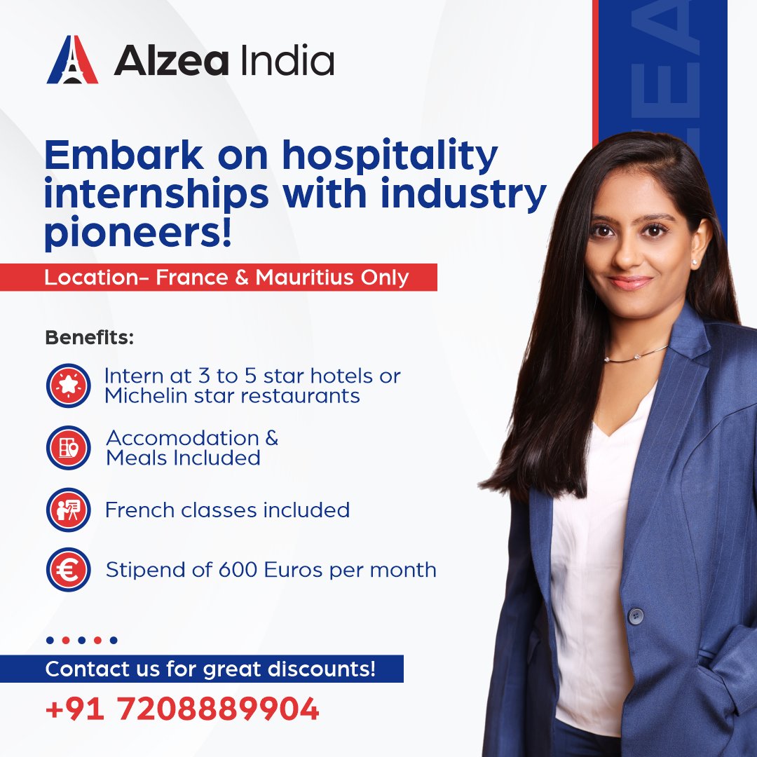 Are you currently pursuing a hospitality or culinary course?

Send your CVs at: Internship@alzeaindia.com
.

#internship #internship2024 #abroadinternship #alzeaindia #mauritiusinternship #internshippioneers #hospitalityinternship #franceinternshipopportunity #franceinternships