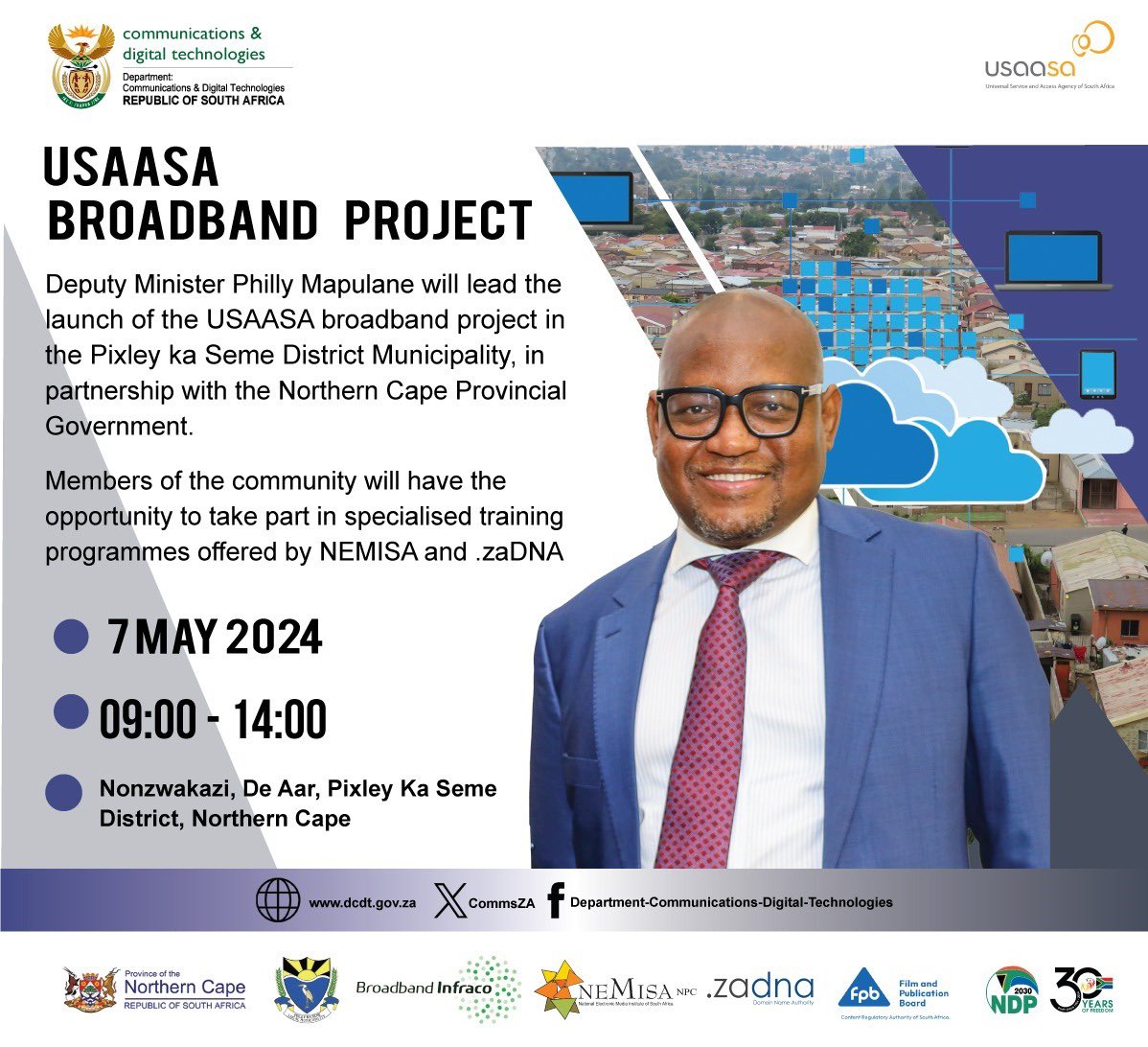 Deputy Minister Philly Mapulane will lead the launch of the @usaasa_za broadband project in the Pixley ka Seme District Municipality, in partnership with the Northern Cape Provincial Government. #LeaveNoOneBehind #RuralTechBoost #ConnectPixleykaSeme #InternetforAll