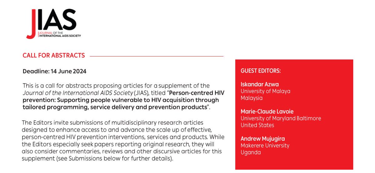 📢Call for abstracts! Interested in having your paper on person-centred HIV prevention featured in our supplement next year? Submit your abstracts by 14 June 2024. Find more information here: 👉bit.ly/3UwJfxT #HIV #callforabstracts #personcentredcare